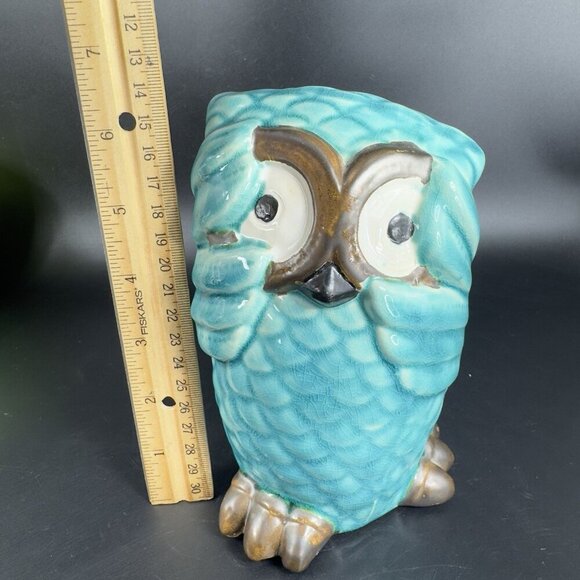 Whimsical Owl Bird Ceramic Figurine Decor Blue Crackled Glaze Figure Porcelain - Picture 3 of 10